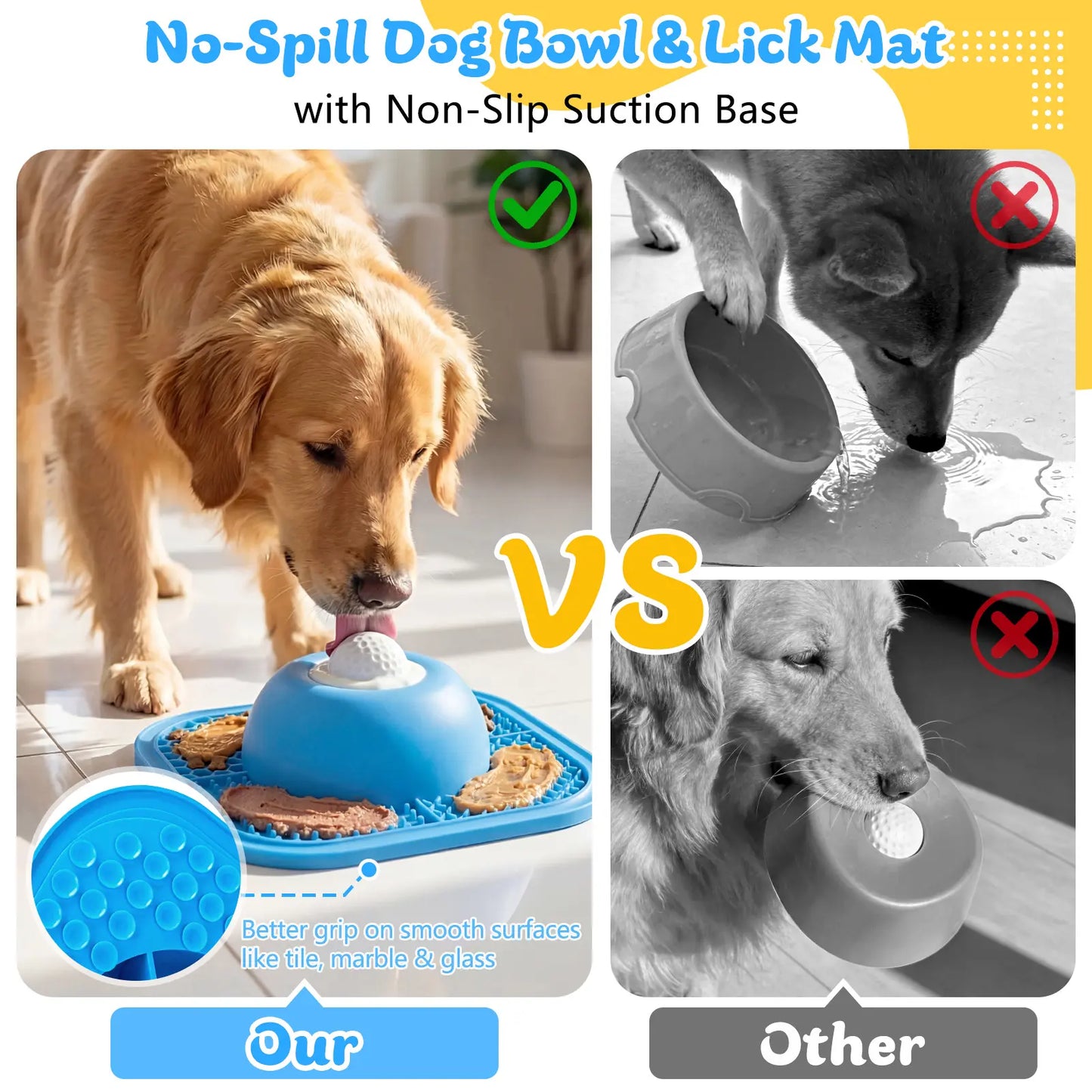 FYY Interactive Slow Feeder Dog Bowl and Lick Mat with Anti-Slip Design, Includes Rolling Ball, Suitable for Liquid and Thick Treats, 5/6 Cup Capacity for Dogs and Cats of All Sizes - Blue
