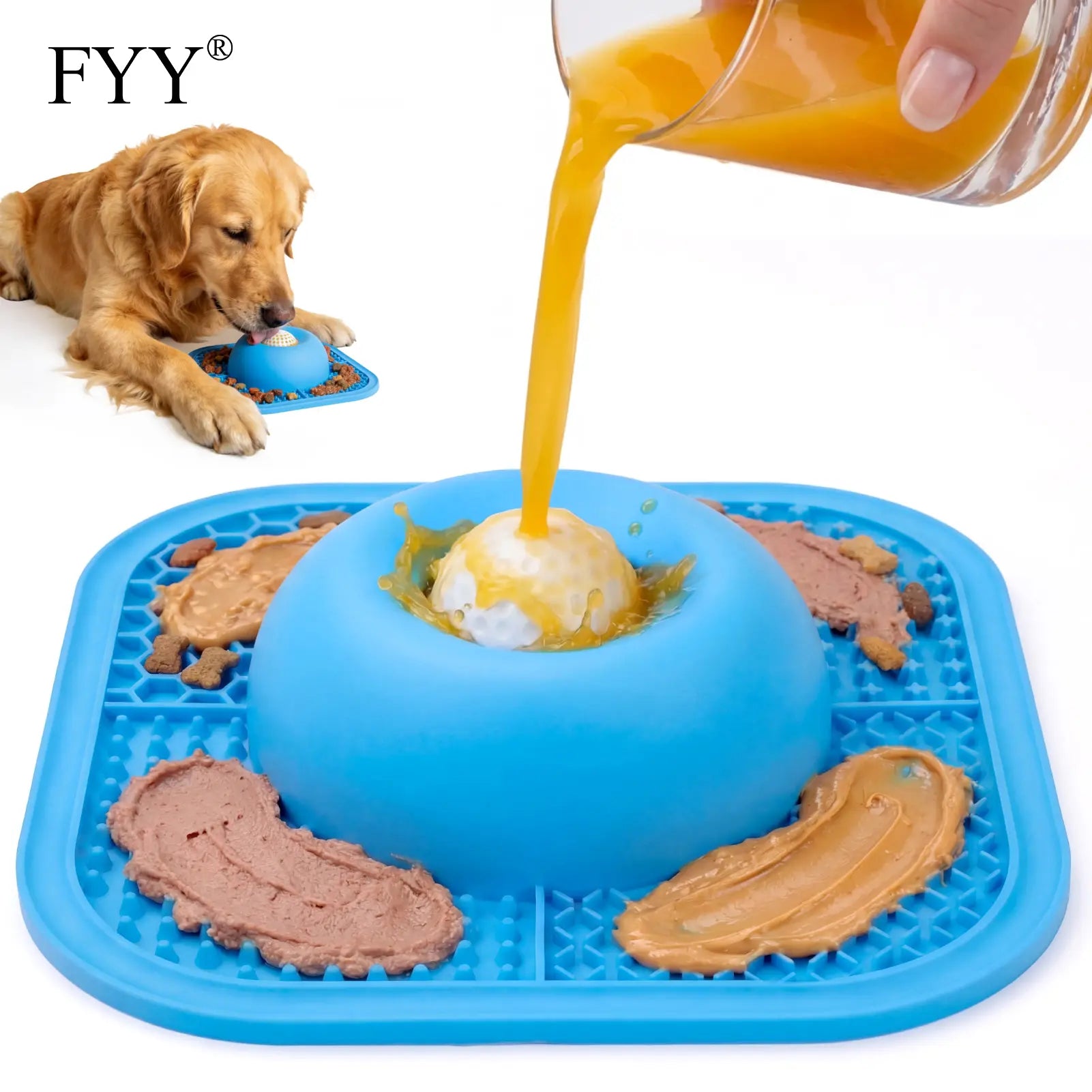 FYY Interactive Slow Feeder Dog Bowl and Lick Mat with Anti-Slip Design, Includes Rolling Ball, Suitable for Liquid and Thick Treats, 5/6 Cup Capacity for Dogs and Cats of All Sizes - Blue