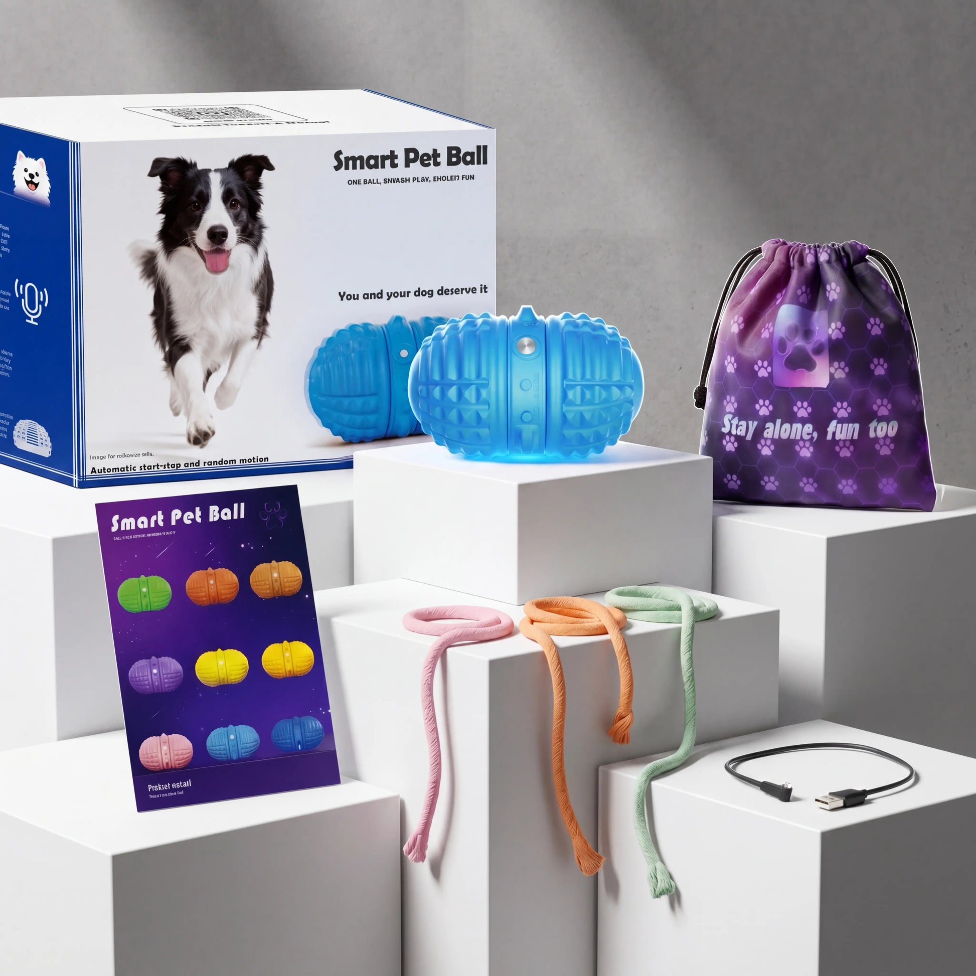 Interactive Automatic Moving Ball for Dogs - Rechargeable, Water-Resistant, Dual Motor Pet Toy with Voice Recording and Rope for Indoor Play