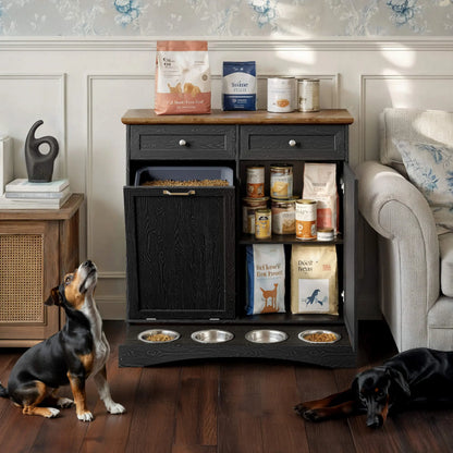Engineered Wood Pet Feeding Station Cabinet with Dual Tiltable Doors for Dog Food and Clothing Storage, Featuring Tilt-Out Design and Four Feeding Bowls for Easy Access