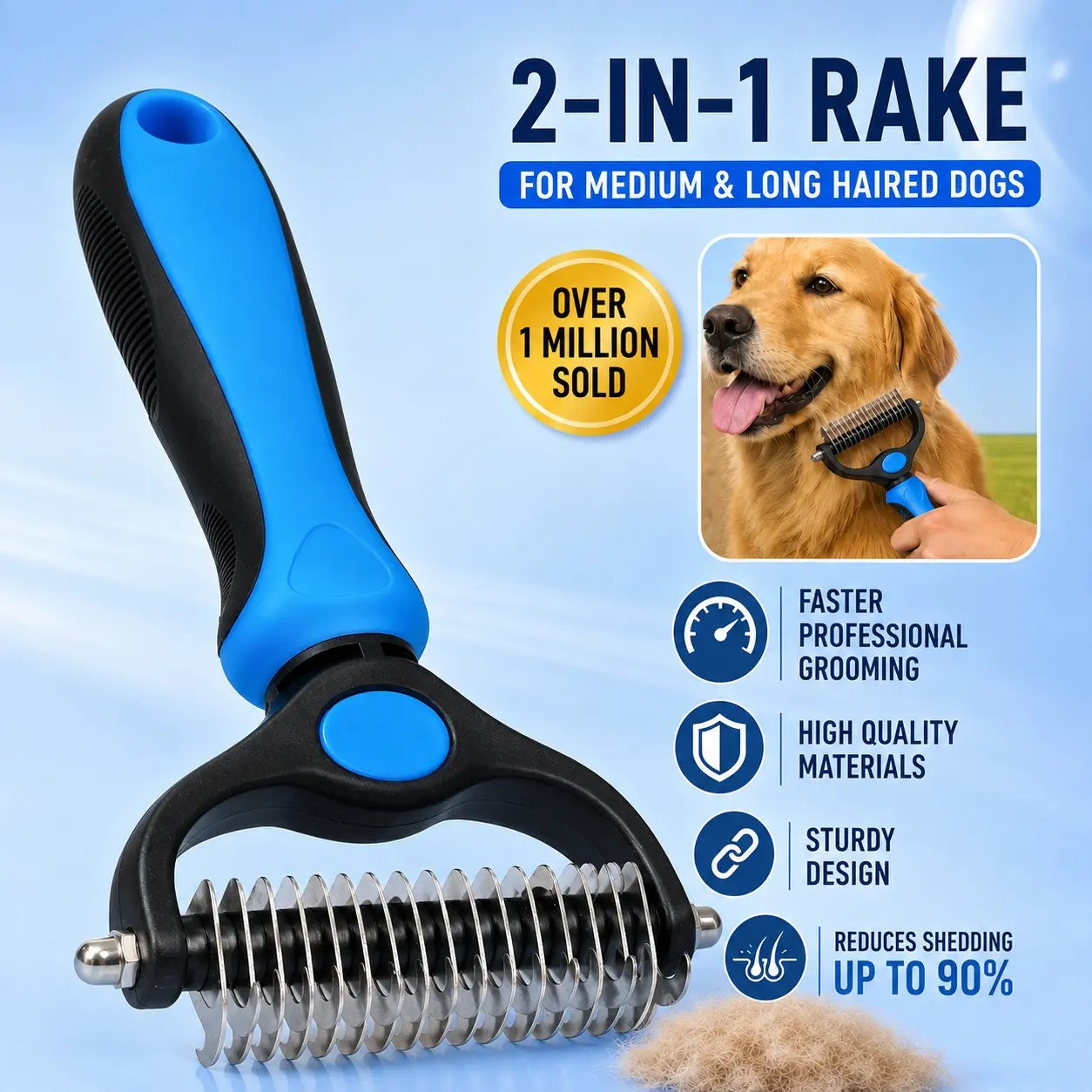 Professional Pet Grooming Rake - Double-Sided Dematting and Deshedding Tool for Long-Haired Dogs and Cats, Extra-Wide Brush to Reduce Shedding by 95%