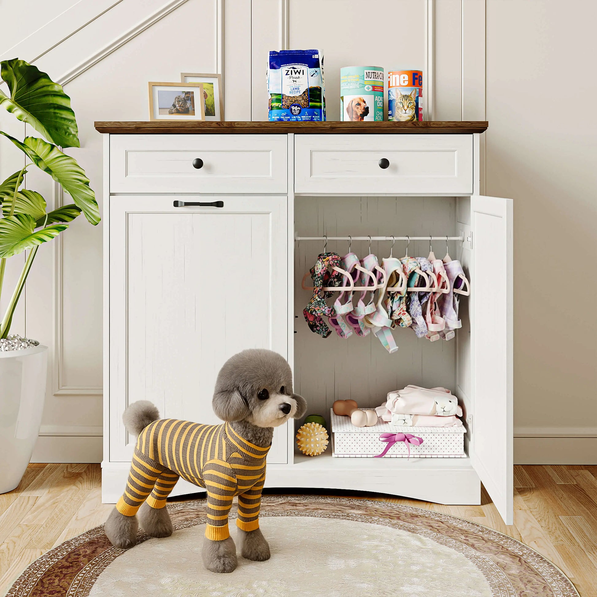 Engineered Wood Pet Feeding Station Cabinet with Dual Tiltable Doors for Dog Food and Clothing Storage, Featuring Tilt-Out Design and Four Feeding Bowls for Easy Access