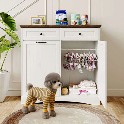 Engineered Wood Pet Feeding Station Cabinet with Dual Tiltable Doors for Dog Food and Clothing Storage, Featuring Tilt-Out Design and Four Feeding Bowls for Easy Access