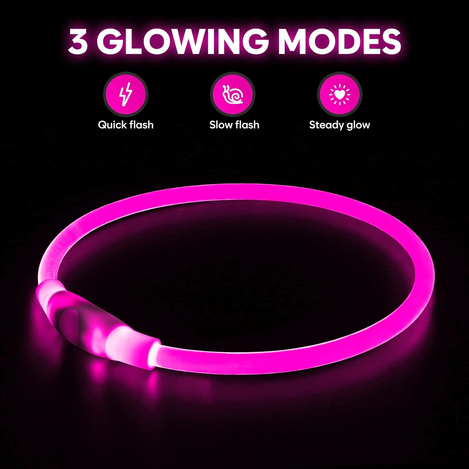LED Dog Collar - USB Rechargeable Glow-in-the-Dark Waterproof Necklace for Nighttime Walks (Pink)