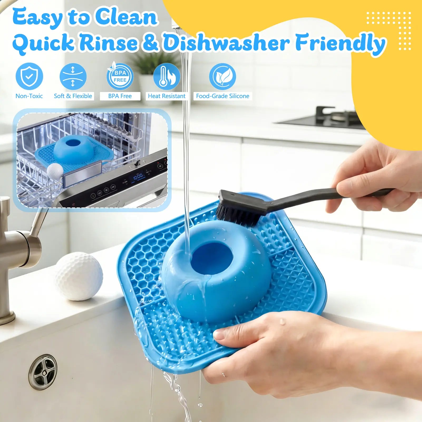 FYY Interactive Slow Feeder Dog Bowl and Lick Mat with Anti-Slip Design, Includes Rolling Ball, Suitable for Liquid and Thick Treats, 5/6 Cup Capacity for Dogs and Cats of All Sizes - Blue