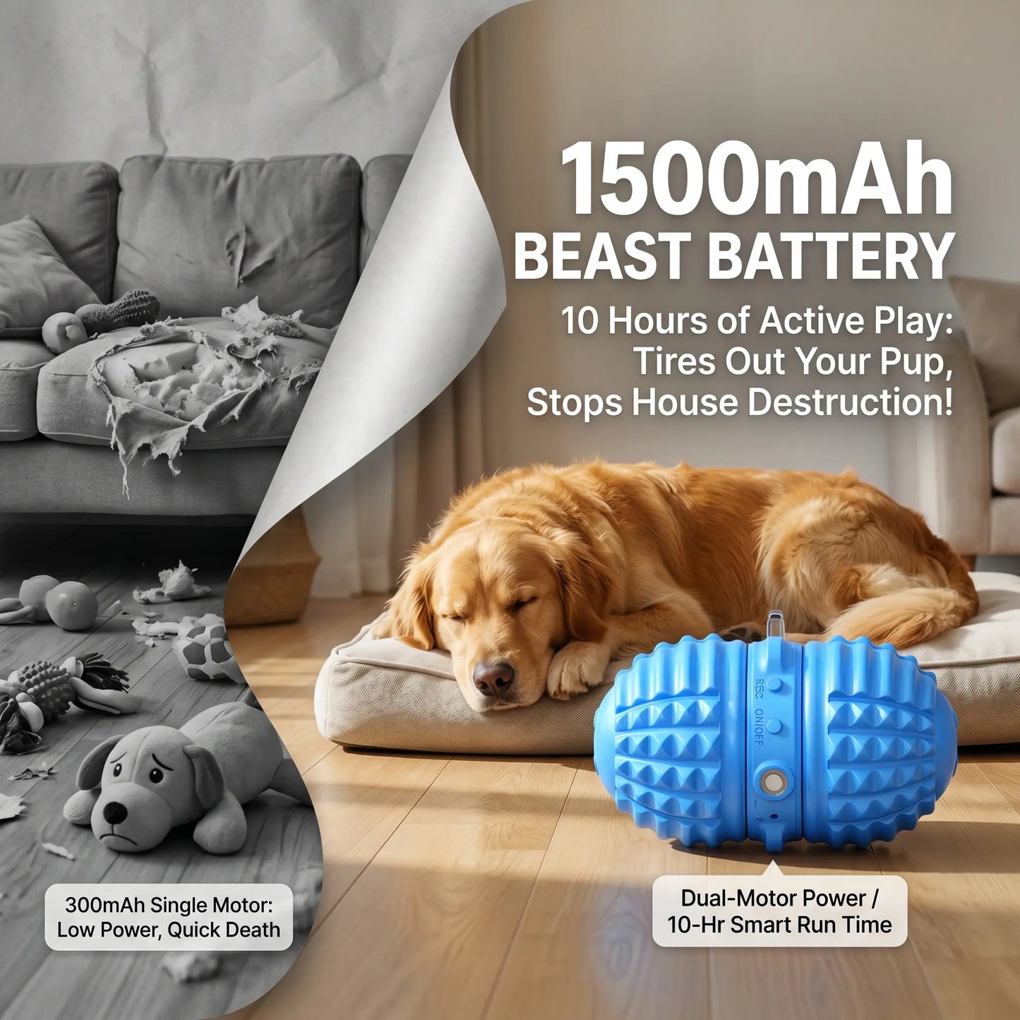 Interactive Automatic Moving Ball for Dogs - Rechargeable, Water-Resistant, Dual Motor Pet Toy with Voice Recording and Rope for Indoor Play