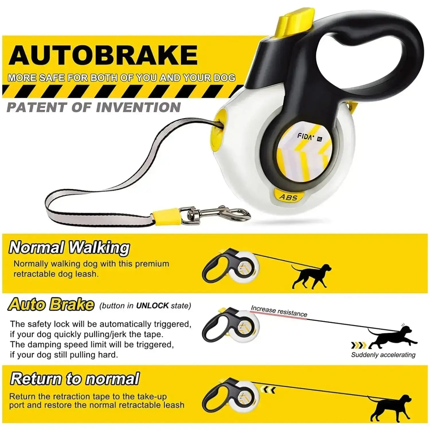 Fida Retractable Dog Leash with Autobrake Technology, 16 Ft Heavy Duty Design for Large and Medium Dogs, Tangle-Free and One-Hand Control with Soft Grip
