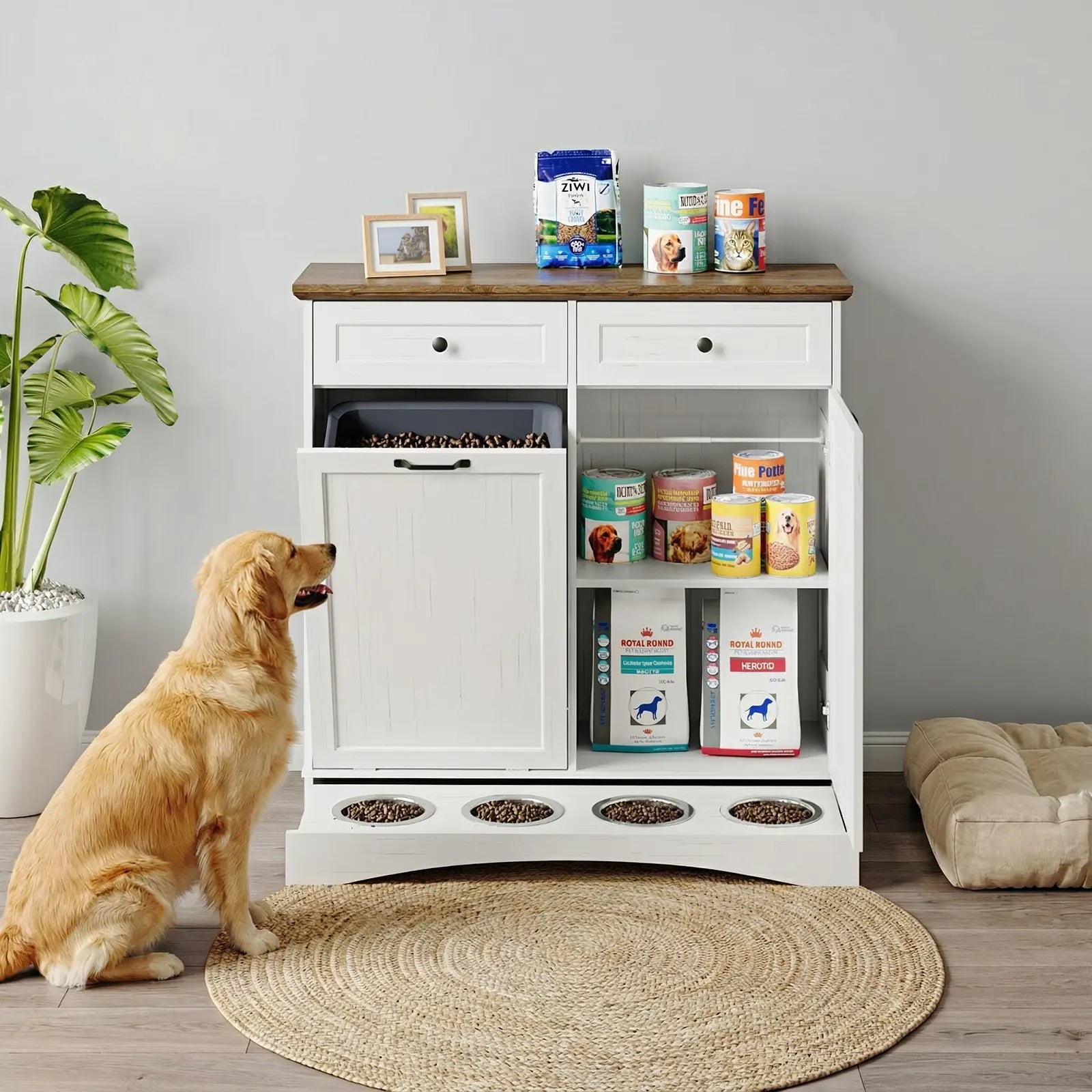 Engineered Wood Pet Feeding Station Cabinet with Dual Tiltable Doors for Dog Food and Clothing Storage, Featuring Tilt-Out Design and Four Feeding Bowls for Easy Access
