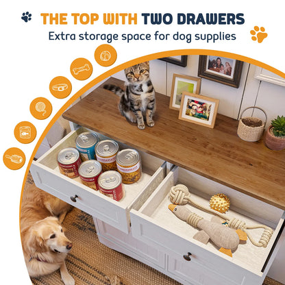 Engineered Wood Pet Feeding Station Cabinet with Dual Tiltable Doors for Dog Food and Clothing Storage, Featuring Tilt-Out Design and Four Feeding Bowls for Easy Access