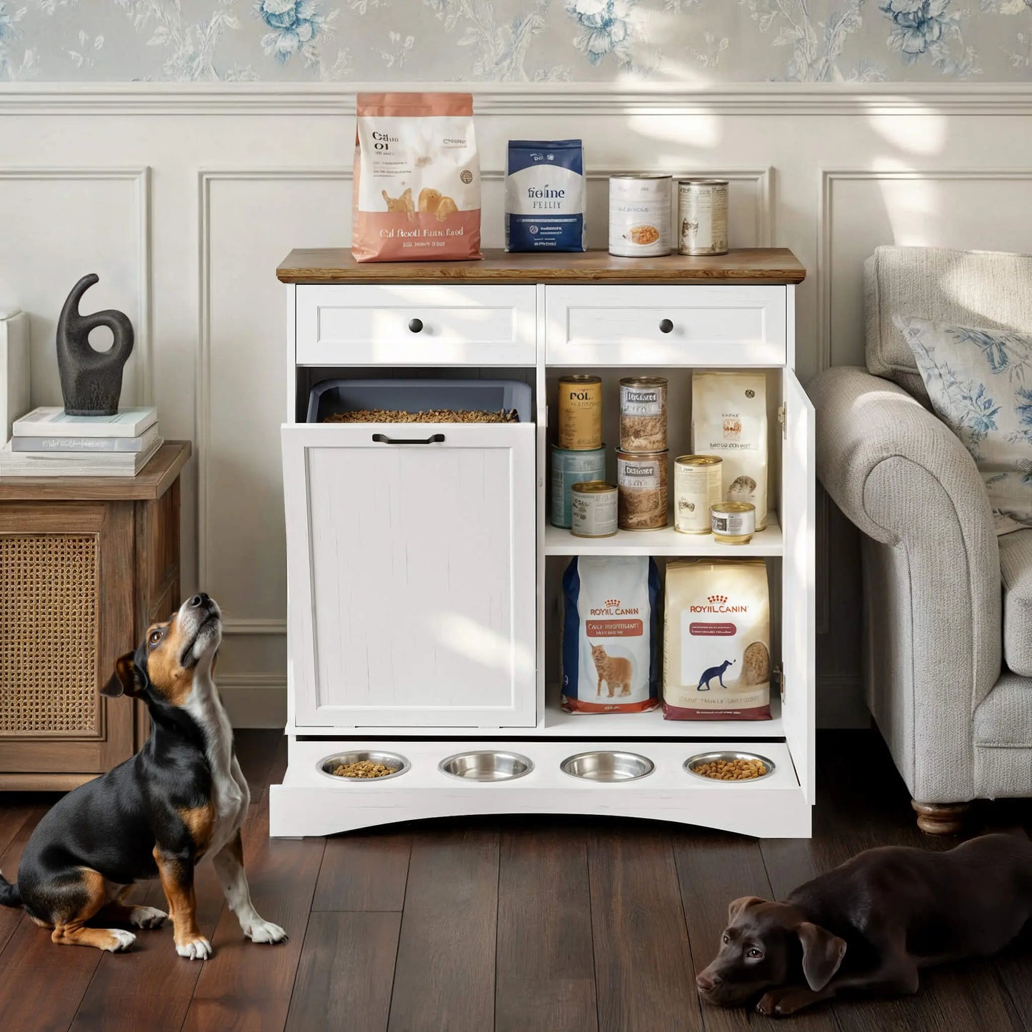 Engineered Wood Pet Feeding Station Cabinet with Dual Tiltable Doors for Dog Food and Clothing Storage, Featuring Tilt-Out Design and Four Feeding Bowls for Easy Access