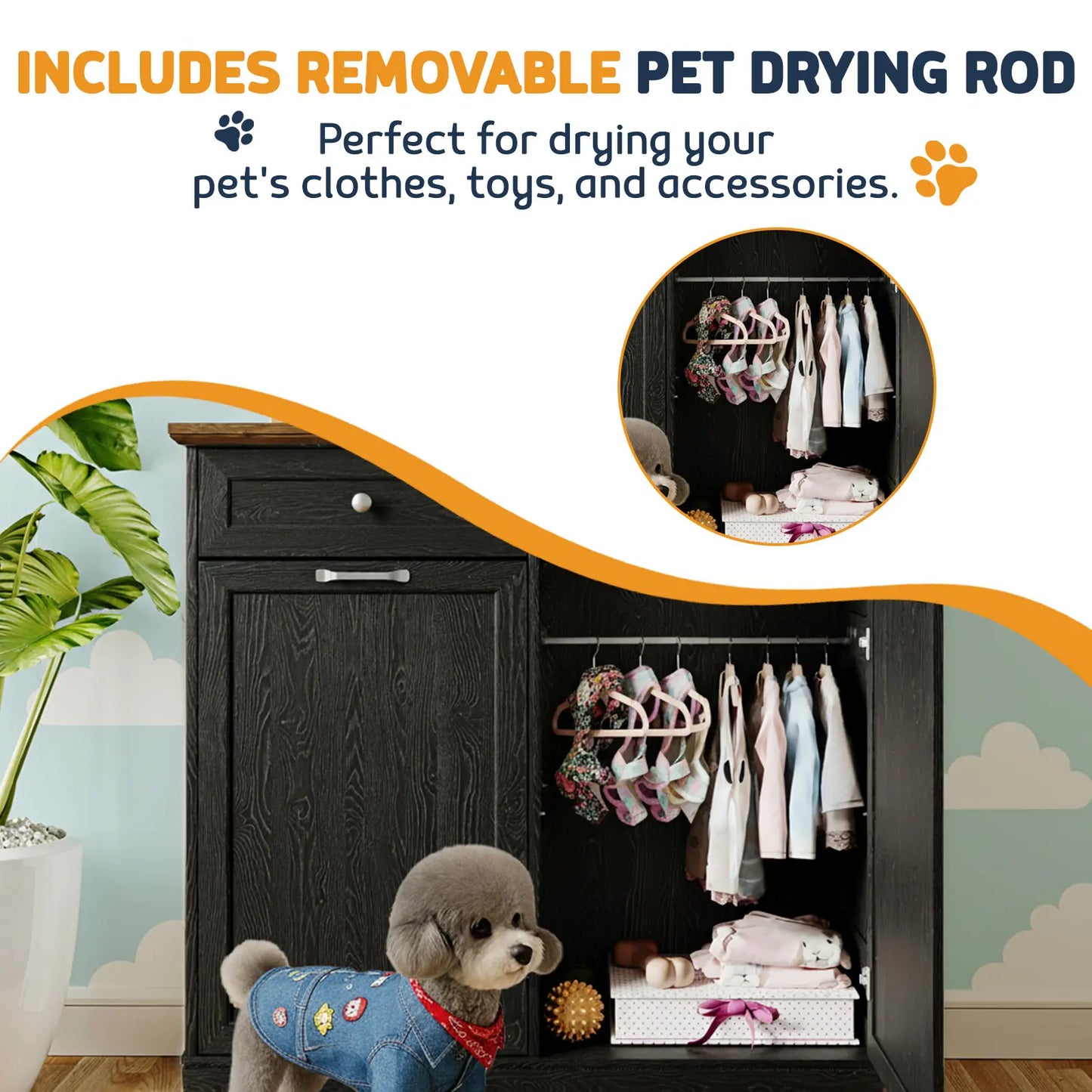 Engineered Wood Pet Feeding Station Cabinet with Dual Tiltable Doors for Dog Food and Clothing Storage, Featuring Tilt-Out Design and Four Feeding Bowls for Easy Access