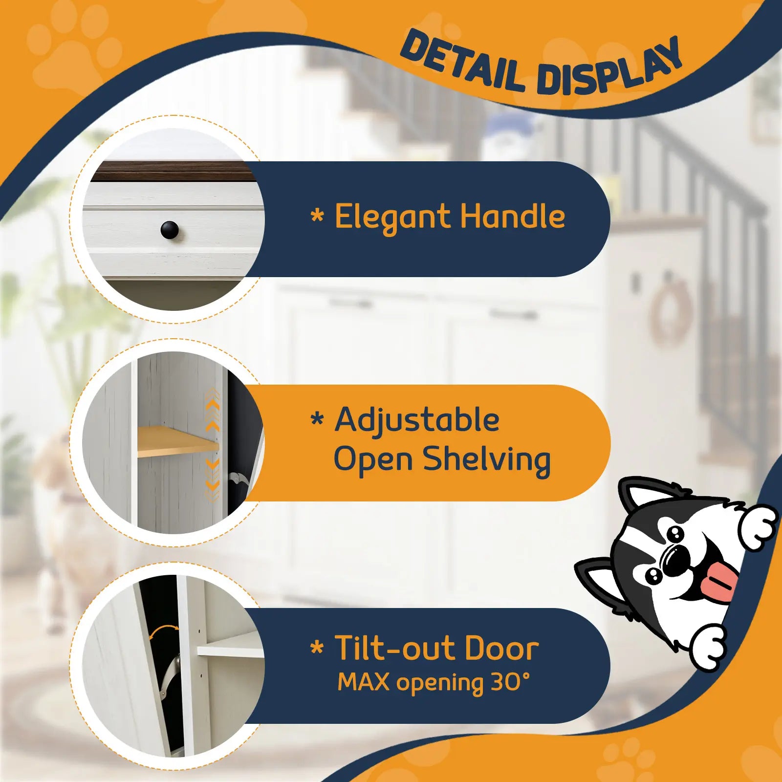 Engineered Wood Pet Feeding Station Cabinet with Dual Tiltable Doors for Dog Food and Clothing Storage, Featuring Tilt-Out Design and Four Feeding Bowls for Easy Access