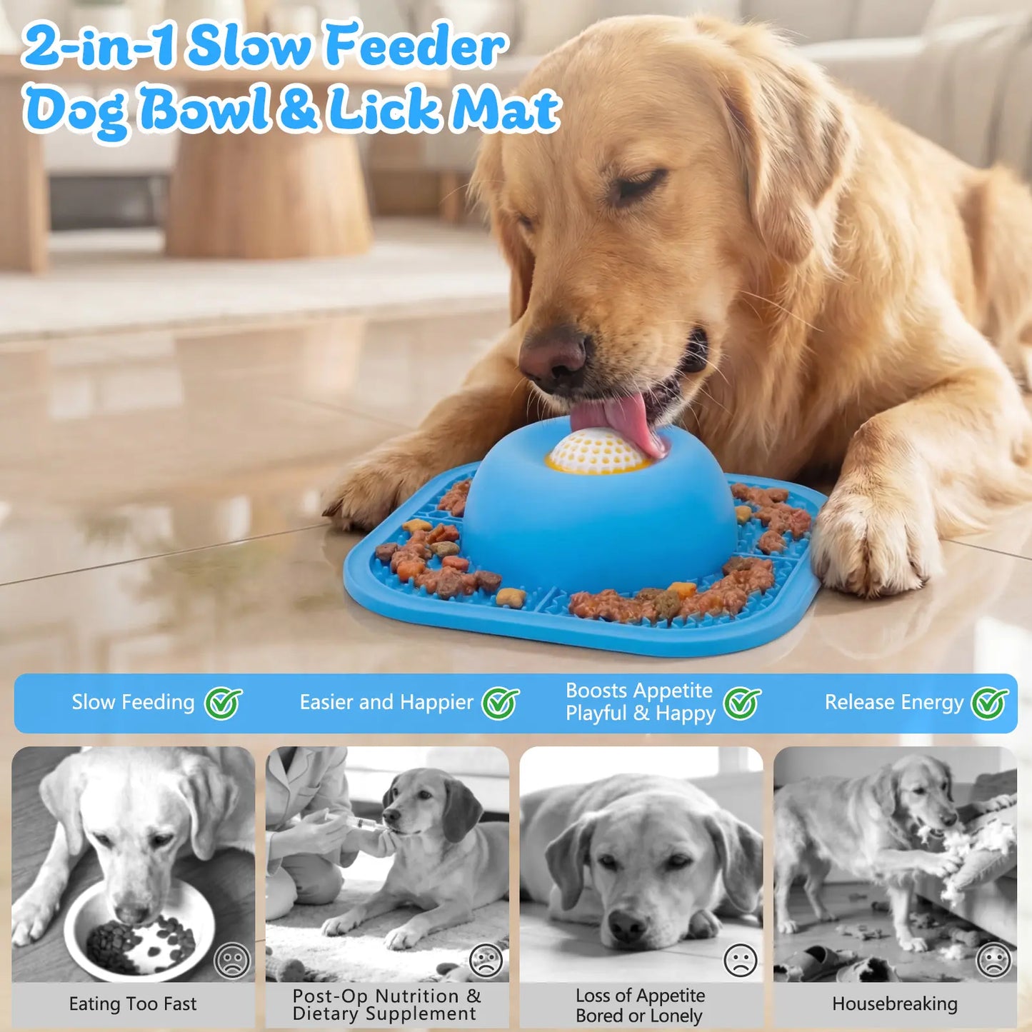 FYY Interactive Slow Feeder Dog Bowl and Lick Mat with Anti-Slip Design, Includes Rolling Ball, Suitable for Liquid and Thick Treats, 5/6 Cup Capacity for Dogs and Cats of All Sizes - Blue