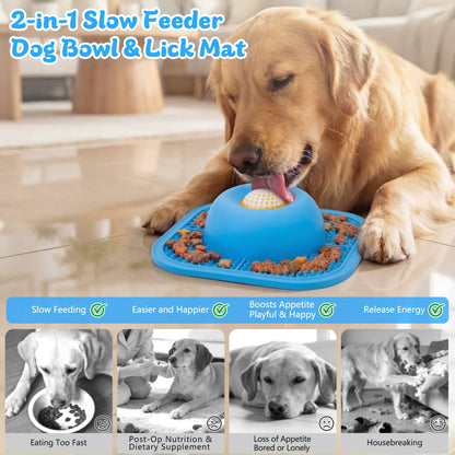FYY Interactive Slow Feeder Dog Bowl and Lick Mat with Anti-Slip Design, Includes Rolling Ball, Suitable for Liquid and Thick Treats, 5/6 Cup Capacity for Dogs and Cats of All Sizes - Blue
