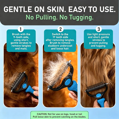 Professional Pet Grooming Rake - Double-Sided Dematting and Deshedding Tool for Long-Haired Dogs and Cats, Extra-Wide Brush to Reduce Shedding by 95%