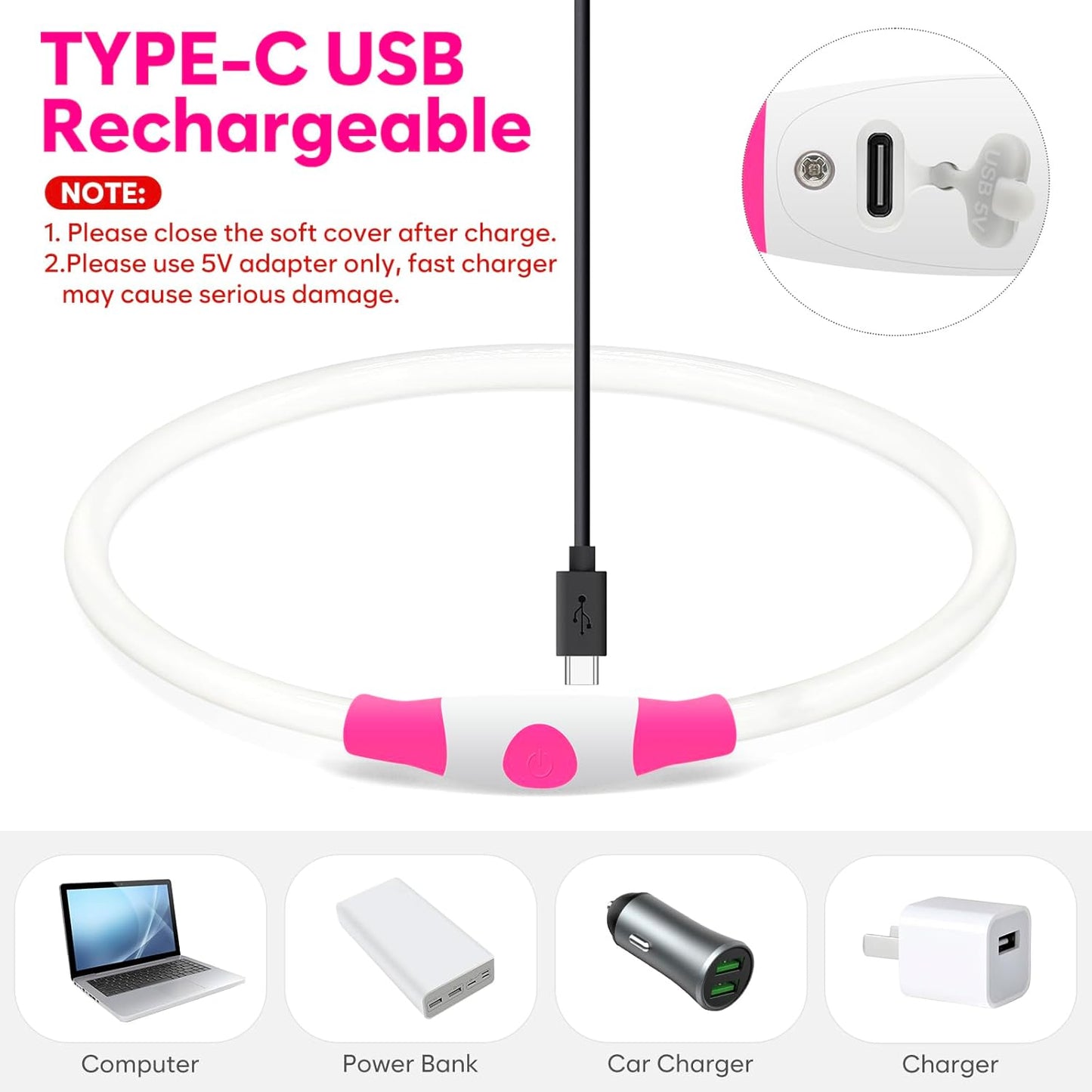 LED Dog Collar - USB Rechargeable Glow-in-the-Dark Waterproof Necklace for Nighttime Walks (Pink)