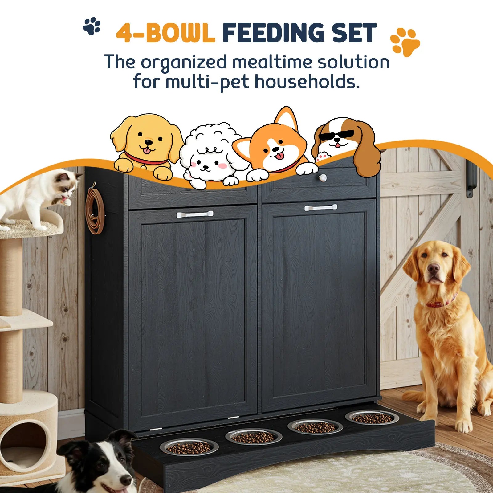 Engineered Wood Pet Feeding Station Cabinet with Dual Tiltable Doors for Dog Food and Clothing Storage, Featuring Tilt-Out Design and Four Feeding Bowls for Easy Access