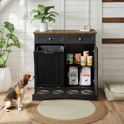 Engineered Wood Pet Feeding Station Cabinet with Dual Tiltable Doors for Dog Food and Clothing Storage, Featuring Tilt-Out Design and Four Feeding Bowls for Easy Access