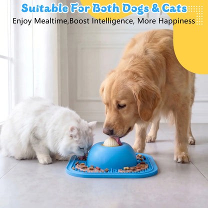 FYY Interactive Slow Feeder Dog Bowl and Lick Mat with Anti-Slip Design, Includes Rolling Ball, Suitable for Liquid and Thick Treats, 5/6 Cup Capacity for Dogs and Cats of All Sizes - Blue