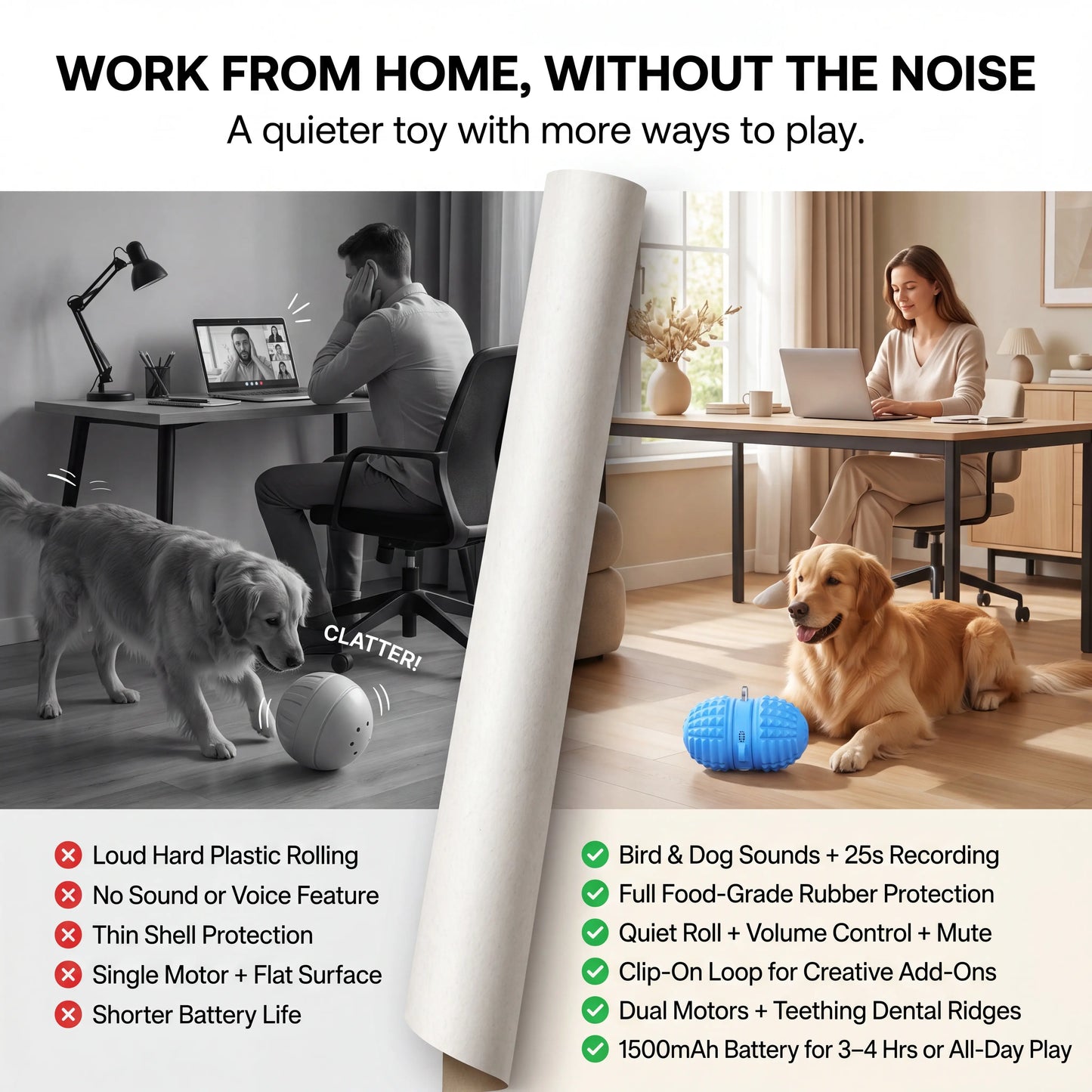 Interactive Automatic Moving Ball for Dogs - Rechargeable, Water-Resistant, Dual Motor Pet Toy with Voice Recording and Rope for Indoor Play