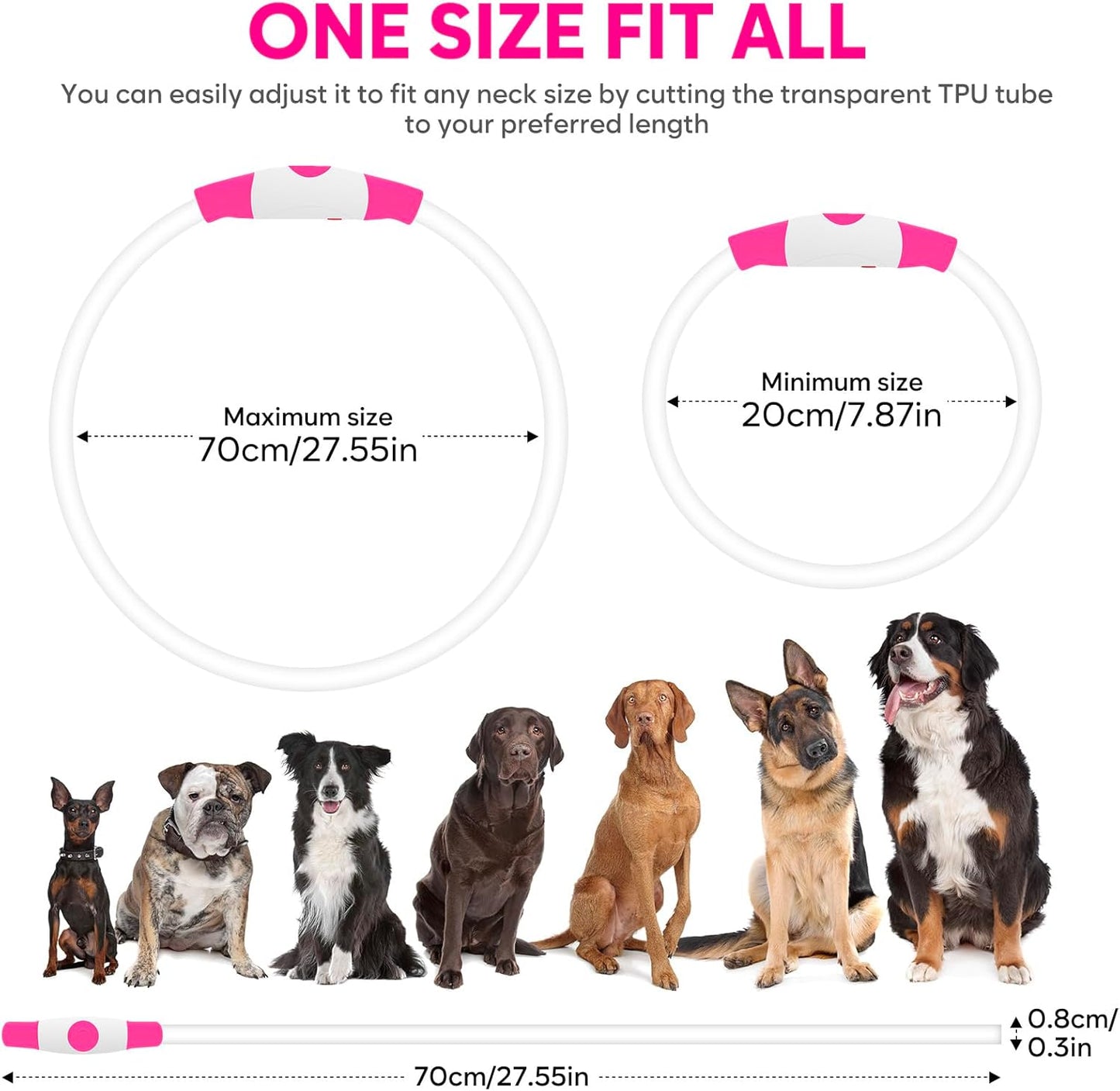 LED Dog Collar - USB Rechargeable Glow-in-the-Dark Waterproof Necklace for Nighttime Walks (Pink)