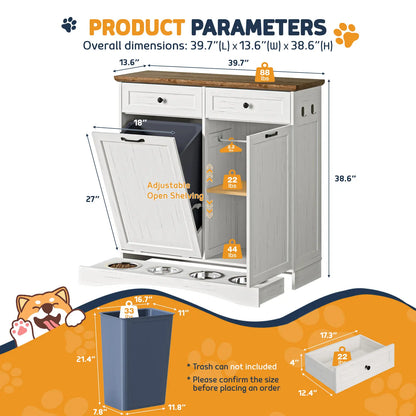Engineered Wood Pet Feeding Station Cabinet with Dual Tiltable Doors for Dog Food and Clothing Storage, Featuring Tilt-Out Design and Four Feeding Bowls for Easy Access